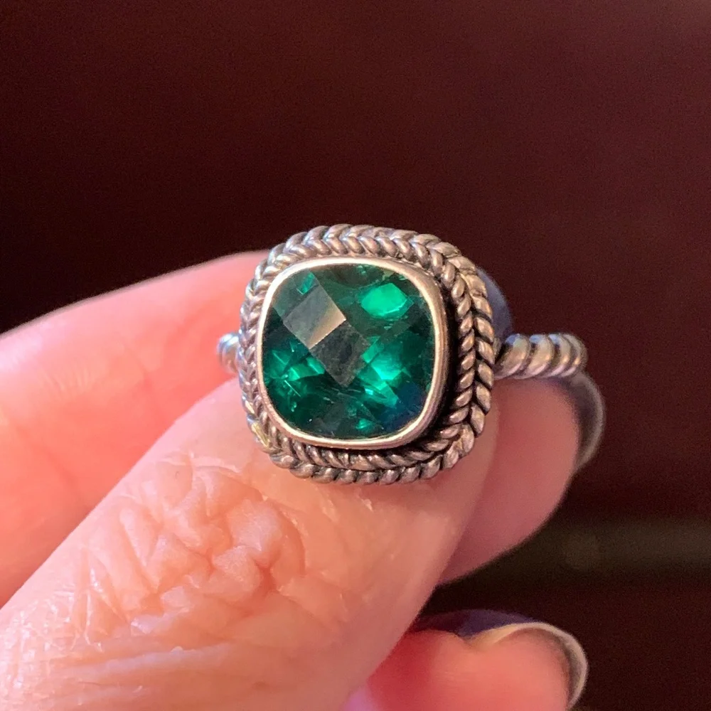 VINTAGE GREEN QUARTZ 925 STERLING SILVER TWISTED CABLE RING